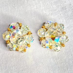 Stud Earrings Clear Aurora Borealis Glass Cluster Wired Beaded Clip Ons